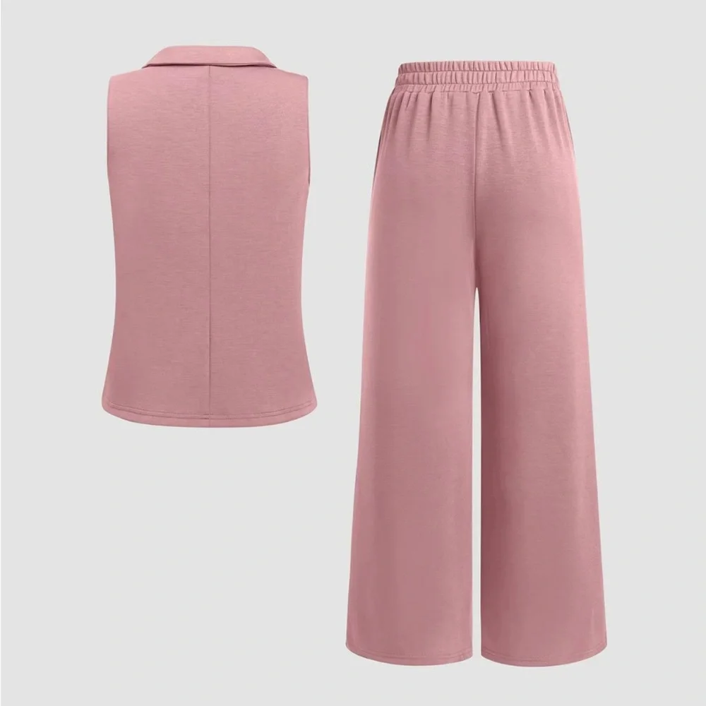 Pink Sleeveless Top and Wide-Leg Pants Set